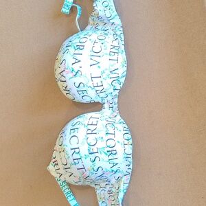 Victoria's Secret Logo Print T-Shirt Push-Up Bra with Floral Accents 38D